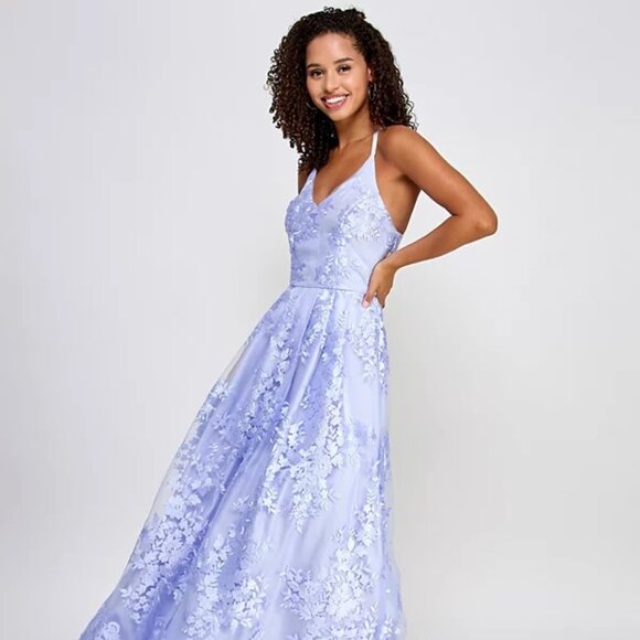 BCX Juniors' Floral Embroidered Gown Lavender Size 1 - Picture 1 of 3